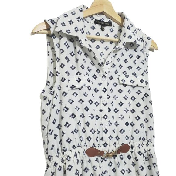 Always Indigo | Petite Geometric Pattern Button Front Short Sleeve Shirt Dress - Picture 2 of 8